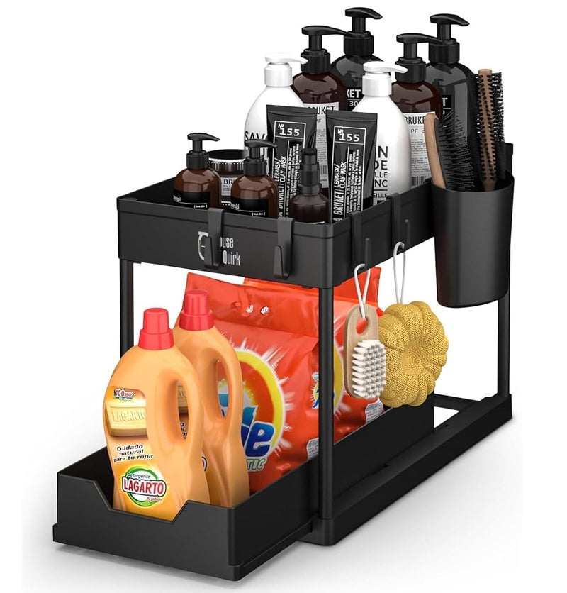 GALV storage under sink storage for bathroomabs 2 pack under sink organizer 2 tier storage under cabinet bathroom under sink organizersplastic under sliding shelfblack40 x 235 cm1 pcs - Image 1