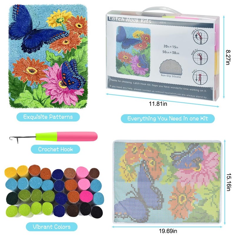 Yjunue Butterfly Floral Latch Hook Kits for Adults, DIY Crochet Yarn Rugs Hooking Craft Kit with Color Preprinted Pattern Design for Adults and Beginners(Butterfly, 20 x 15in) - Image 4