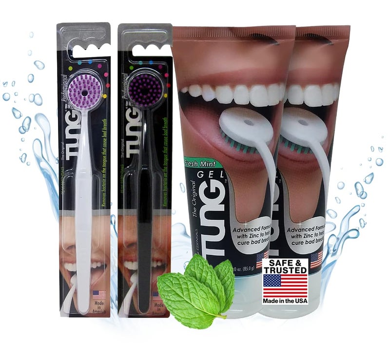 Peak Essentials The Original TUNG Brush Tung Tongue Brush & Gel Kit | Tongue Cleaner for Adults | Tongue Scraper to Fight Bad Breath and Halitosis | Mouth Odor Eliminator | Fresh Mint | Made in America (Set of 2) - Image 1