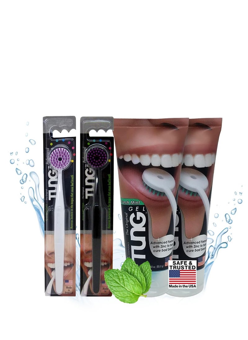 Tung Tung Tongue Brush & Gel Kit | Tongue Cleaner for Adults | Tongue Scraper to Fight Bad Breath and Halitosis | Mouth Odor Eliminator | Fresh Mint | Made in America (Set of 2) - Black/White/Red - Color may vary  - Image 1