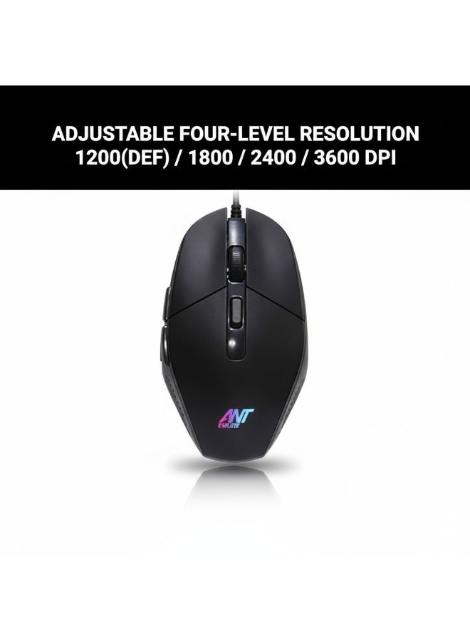 انت ماوس سلكي USB بإضاءة RGB، دقة 1200DPI، 6 أزرار، تصميم مريح للألعاب والاستخدام المكتبي – ANT موديل KK1002 - Image 2