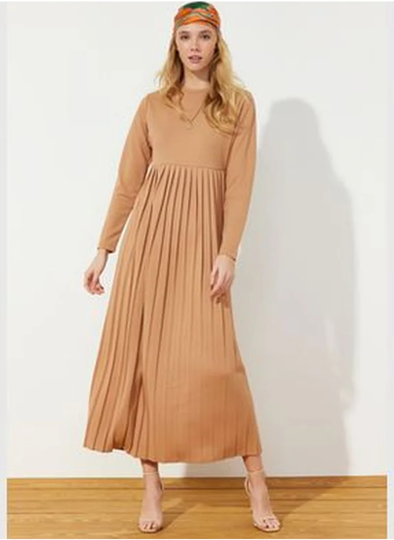 trendyol Camel Skirt Pleated Scuba Knitted Dress TCTAW24EL00000