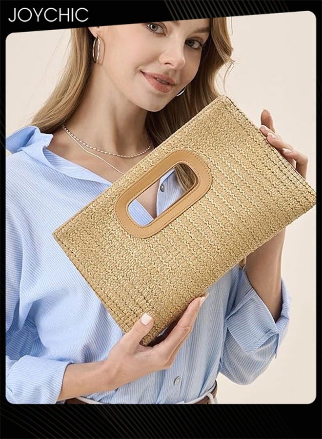 Joychic حقائب كلتش من القش العتيق للنساء مع مقبض علوي حقيبة مسائية بوهو حقيبة كتف منسوجة حقيبة شاطئ صيفية مع سلسلة ذهبية - Image 1