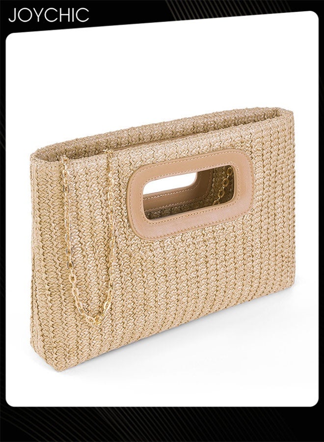Joychic حقائب كلتش من القش العتيق للنساء مع مقبض علوي حقيبة مسائية بوهو حقيبة كتف منسوجة حقيبة شاطئ صيفية مع سلسلة ذهبية - Image 3