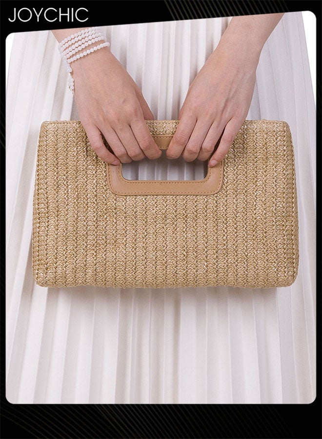Joychic حقائب كلتش من القش العتيق للنساء مع مقبض علوي حقيبة مسائية بوهو حقيبة كتف منسوجة حقيبة شاطئ صيفية مع سلسلة ذهبية - Image 2