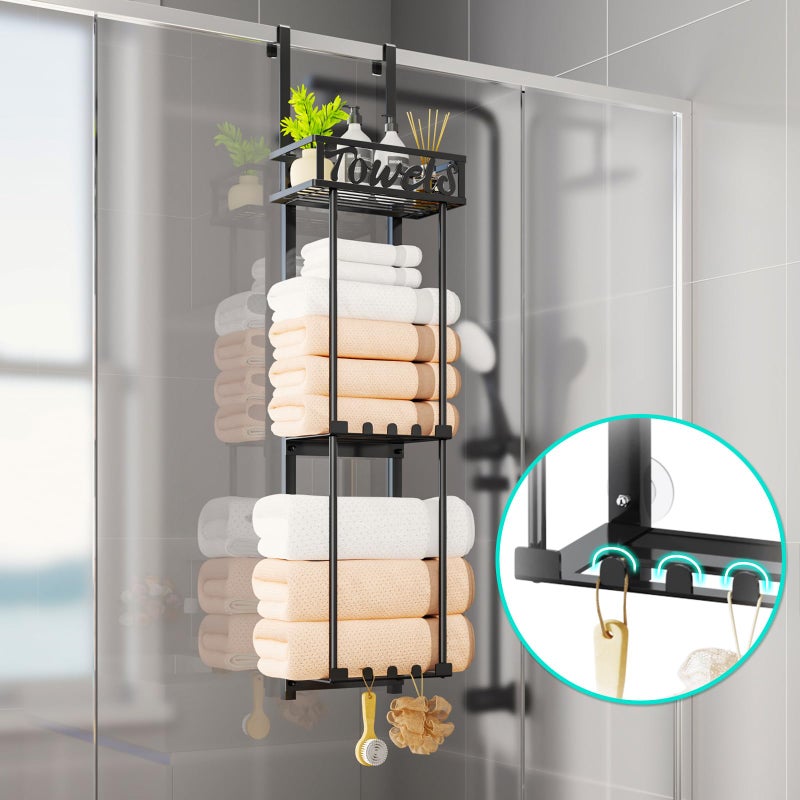 HapiRm Towel Rack Bathroom Storage - 3 Tier Over The Door & Wall Mounted Rolled Towel Racks Holder Organizer with Metal Shelf and 6 Hooks for Small Bathroom, Camper, Rv - Black (for 1.77 in Doors) - Image 4