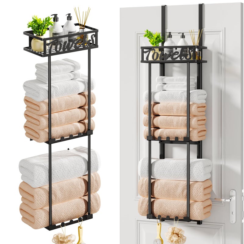 HapiRm Towel Rack Bathroom Storage - 3 Tier Over The Door & Wall Mounted Rolled Towel Racks Holder Organizer with Metal Shelf and 6 Hooks for Small Bathroom, Camper, Rv - Black (for 1.77 in Doors) - Image 1