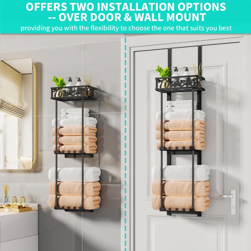 HapiRm Towel Rack Bathroom Storage - 3 Tier Over The Door & Wall Mounted Rolled Towel Racks Holder Organizer with Metal Shelf and 6 Hooks for Small Bathroom, Camper, Rv - Black (for 1.77 in Doors) - Image 2