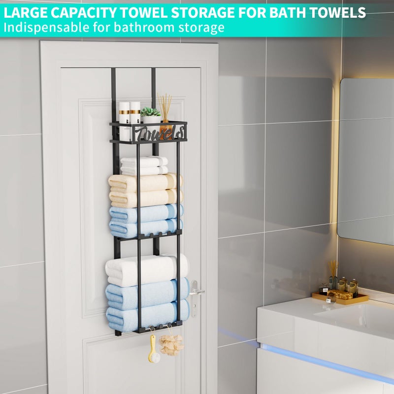 HapiRm Towel Rack Bathroom Storage - 3 Tier Over The Door & Wall Mounted Rolled Towel Racks Holder Organizer with Metal Shelf and 6 Hooks for Small Bathroom, Camper, Rv - Black (for 1.77 in Doors) - Image 3
