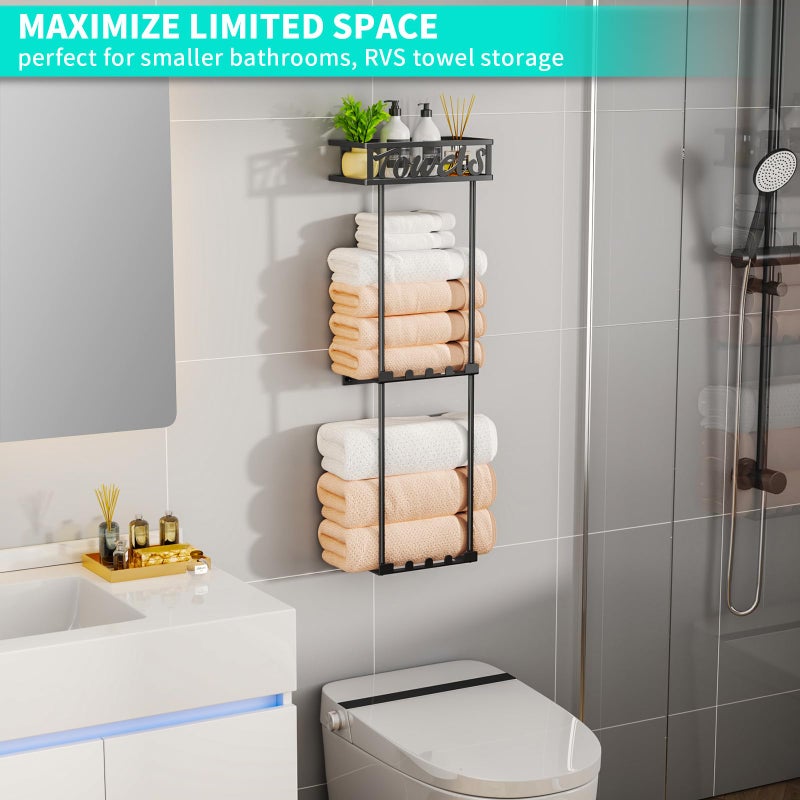 HapiRm Towel Rack Bathroom Storage - 3 Tier Over The Door & Wall Mounted Rolled Towel Racks Holder Organizer with Metal Shelf and 6 Hooks for Small Bathroom, Camper, Rv - Black (for 1.77 in Doors) - Image 5