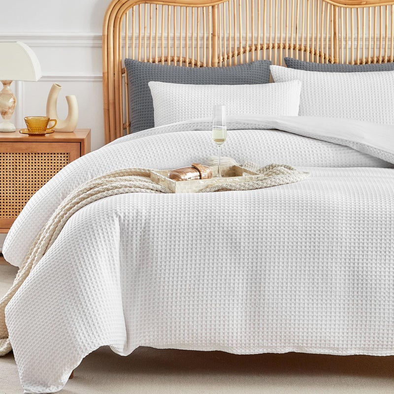 WARMDERN Waffle Weave Duvet Cover Queen Size White Textured Duvet Cover Set Soft and Breathable Comforter Cover 3 Pieces Microfiber Bedding Set for All SeasonWhiteQueen