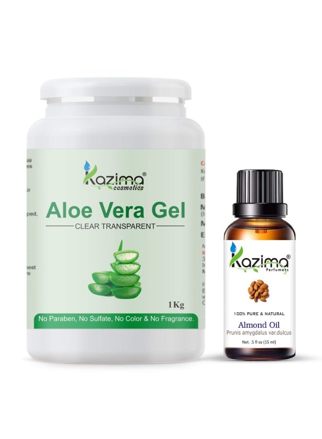 KAZIMA Combo of Aloe Vera Gel 1Kg & Almond Carrier Oil 15ml - 100% Pure & Natural for Skin, Face, Acne Scars, Hair, Moisturizer & Dark Circles (Combo of 2) - Image 1