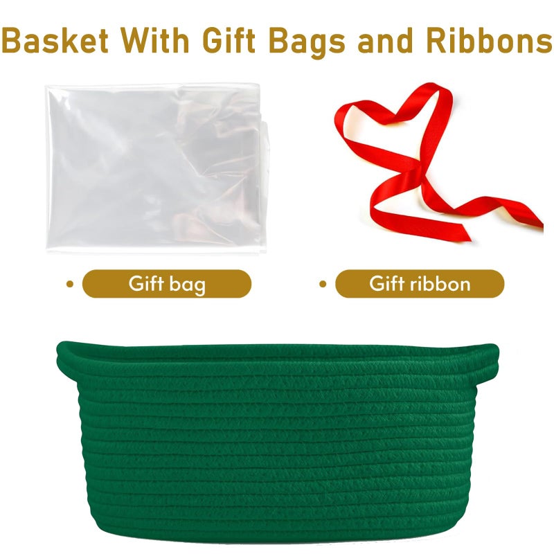 Poschnor Gift Basket with Gift Bags and Ribbons, Small Woven Rope Toy Storage Basket for Baby and Pet, 12"X 8" X 5", Green - Image 2