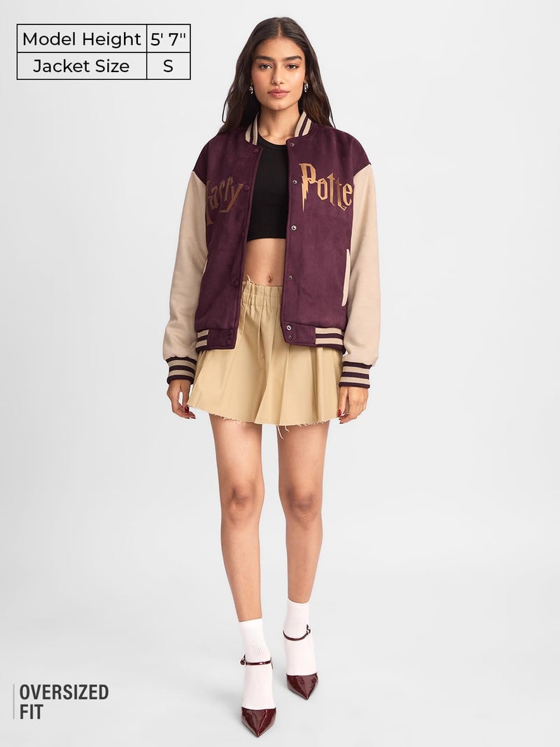 The Souled Store Official Harry Potter : Hogwarts Women and Girls Long Sleeve Button Front Multicolor Graphic Printed Oversized Fit Varsity Jackets - Image 3