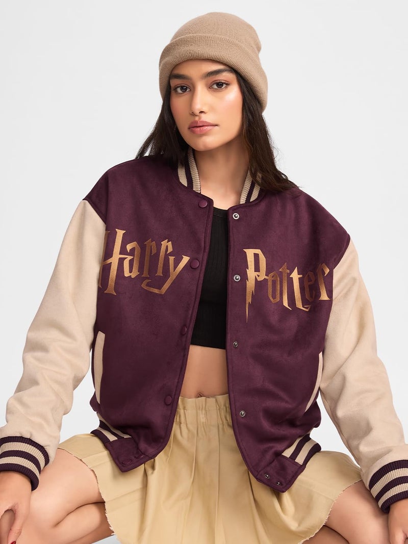 The Souled Store Official Harry Potter : Hogwarts Women and Girls Long Sleeve Button Front Multicolor Graphic Printed Oversized Fit Varsity Jackets - Image 2