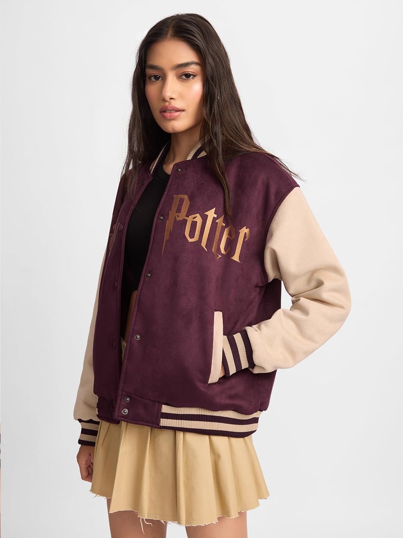 The Souled Store Official Harry Potter : Hogwarts Women and Girls Long Sleeve Button Front Multicolor Graphic Printed Oversized Fit Varsity Jackets - Image 4