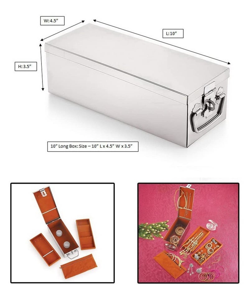 JAYCO Stainless Steel Jewellery Box for Ornaments Bank Locker Safe Storage Container Cash Peti with Cushion with Velvet Lining and Tray MEDIUM 10 Long x 45 Wide x 35 Height - Image 3