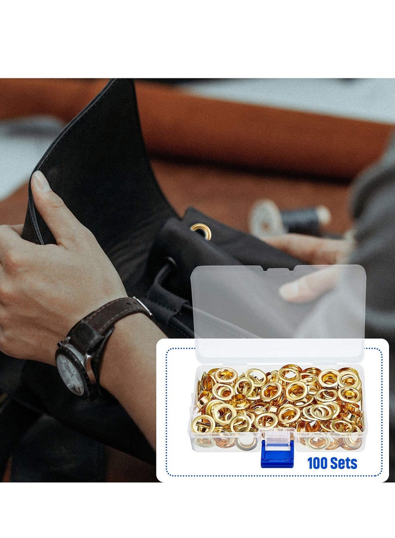 Grommet Tool Kit Setting and 100 Sets Eyelets Portable Hand Press for Leather Clothes Shoes Fabric Belts with Storage Box Gold, 1/2 Inch Inside Diameter - Image 2