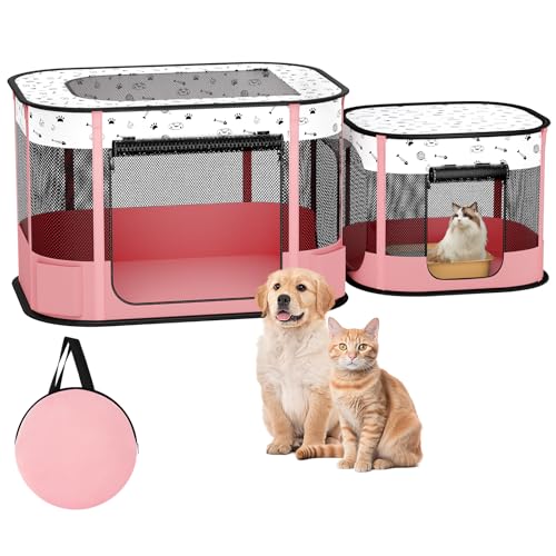 DESELL Portable Cat Playpen, 8-Rod Reinforced Kitten Dog Playpens, Foldable Play Pen for Indoor Cats Enclosed Pet Puppy Doggy Outdoor, Collapsible Tent Kennel Cage, Pink - Image 1