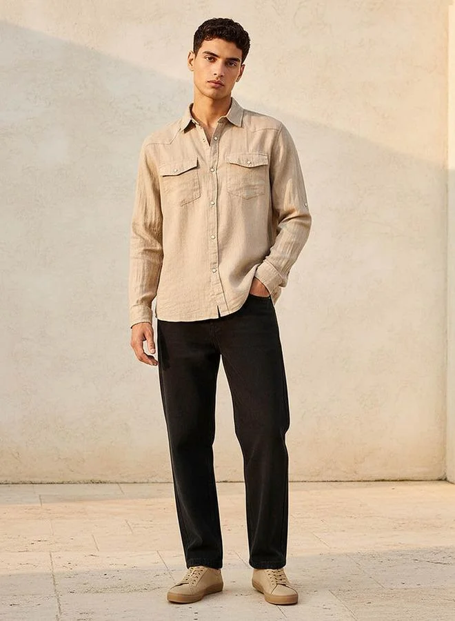 Lee Cooper BROWN Lee Cooper Men Regular Fit Collared Long Sleeves Linen Shirt for Men | Best Price UAE