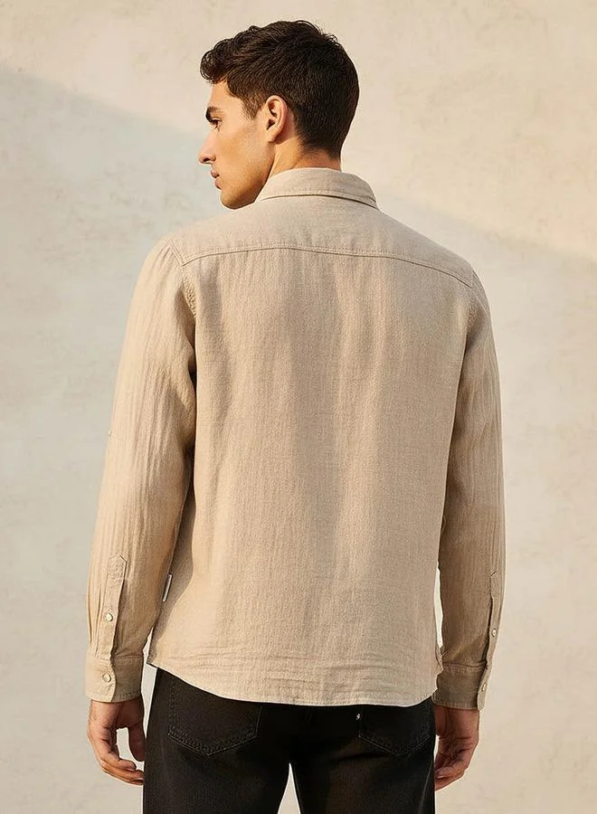 Lee Cooper BROWN Lee Cooper Men Regular Fit Collared Long Sleeves Linen Shirt for Men | Best Price UAE