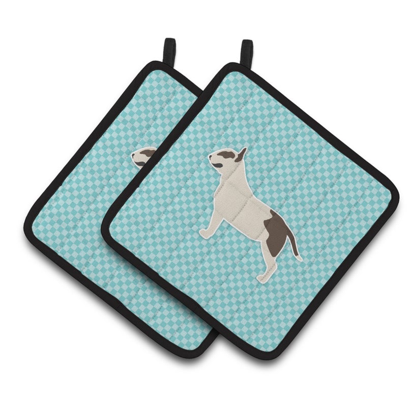 Caroline's Treasures ""Caroline's Treasures Bull Terrier Checkerboard Blue Pair of Pot Holders BB3778PTHD  7.5HX7.5W  Multicolor"" 