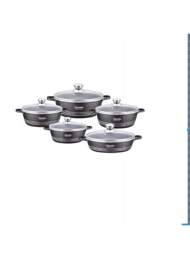 DESSINI 10-Piece Non-Stick Granite Coating Long-Lasting Durability Ergonomic Heat-Resistant Handles Cookware Set Includes 1 x Casserole (20), Casserole (24), Casserole (28), Casserole (32), Shallow Casserole (28)cm Black