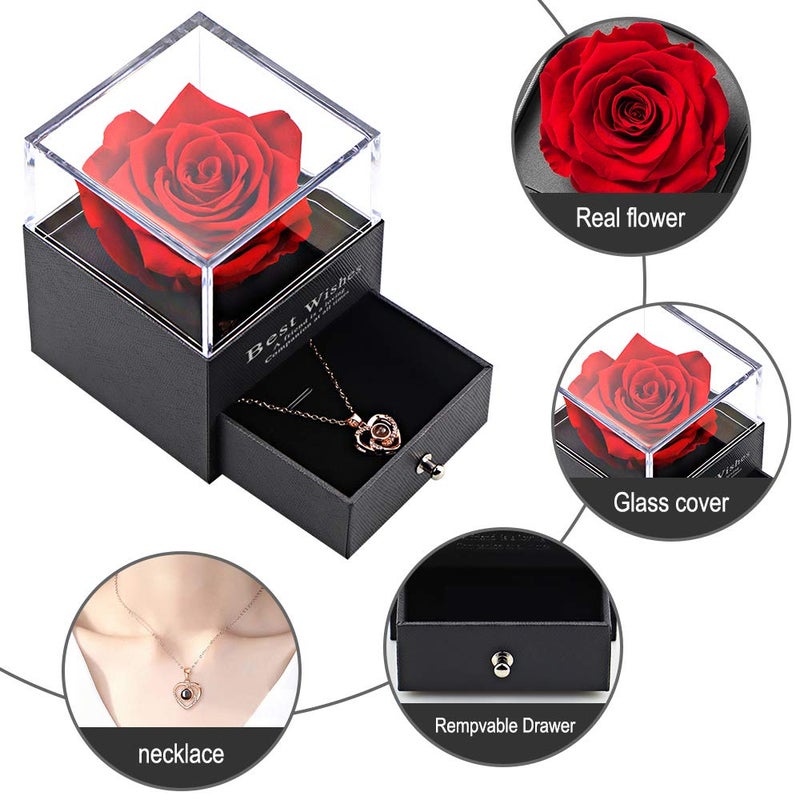 Vanleonet TutorLSHOP Preserved Real Rose with Heart Necklace I Love You in 100 Languages Gift Set, Handmade Eternal Real Rose for Valentine's Day Wedding Anniversary Birthday Gifts for Her Women - Image 4