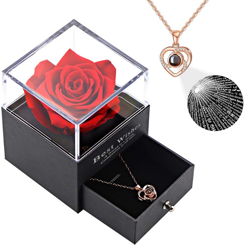 Vanleonet TutorLSHOP Preserved Real Rose with Heart Necklace I Love You in 100 Languages Gift Set, Handmade Eternal Real Rose for Valentine's Day Wedding Anniversary Birthday Gifts for Her Women - Image 1