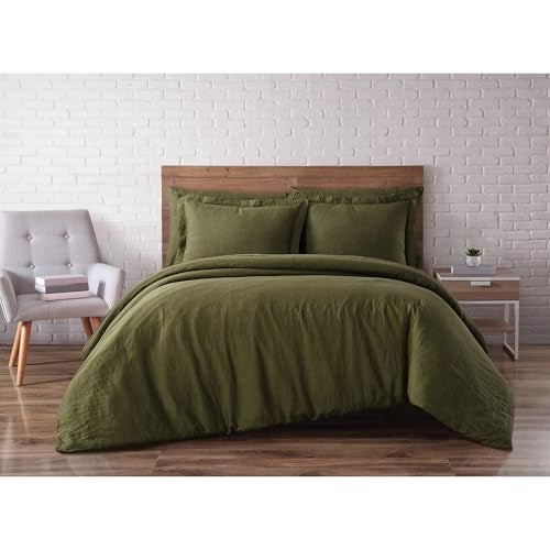 Brooklyn Loom Linen Duvets Olive Green Linen 3Piece FullQueen Duvet Set Solid Color Themed for Men and Women OekoTEX Certified Confidence - Image 1