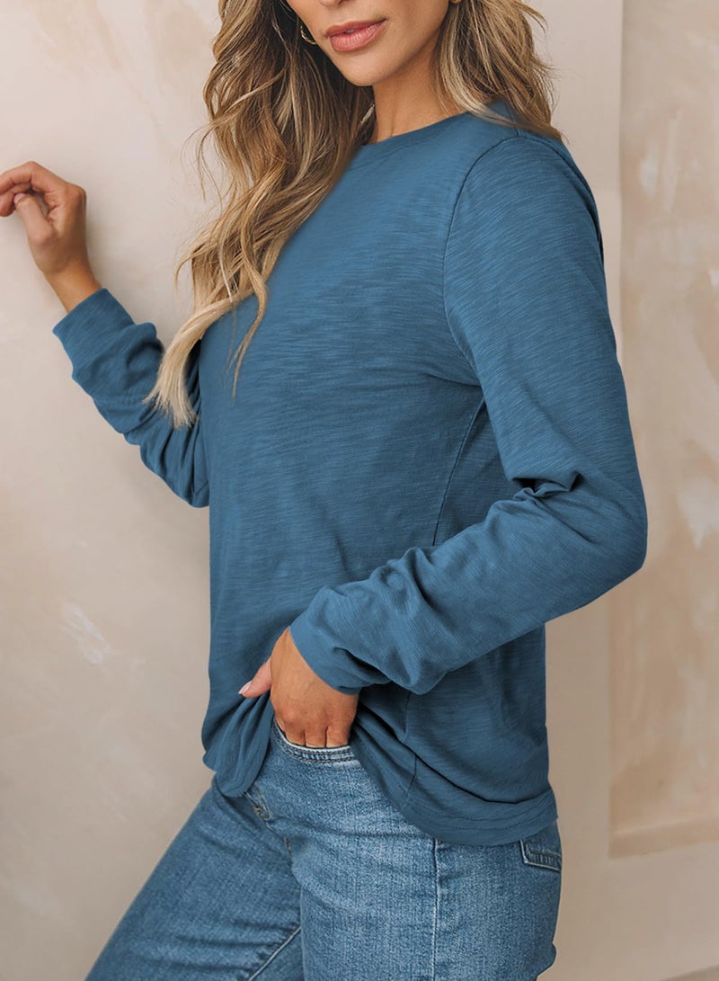 EVALESS Womens Fashion Summer Spring 2026 Tops Crewneck Long Sleeve Tops Shirts Loose Fit Basic Outfits T Shirts Solid Color Tee Blouses Blue Large - Image 3
