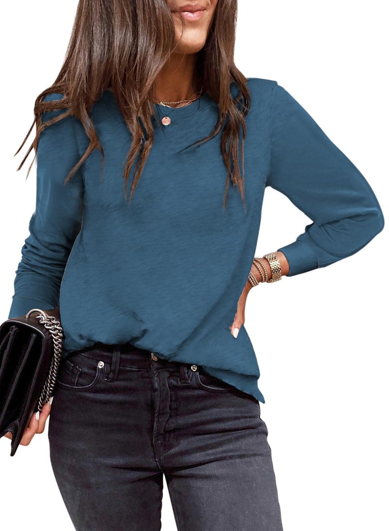 EVALESS Womens Fashion Summer Spring 2026 Tops Crewneck Long Sleeve Tops Shirts Loose Fit Basic Outfits T Shirts Solid Color Tee Blouses Blue Large - Image 1