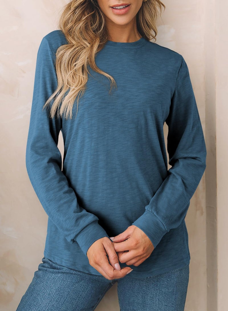 EVALESS Womens Fashion Summer Spring 2026 Tops Crewneck Long Sleeve Tops Shirts Loose Fit Basic Outfits T Shirts Solid Color Tee Blouses Blue Large - Image 2