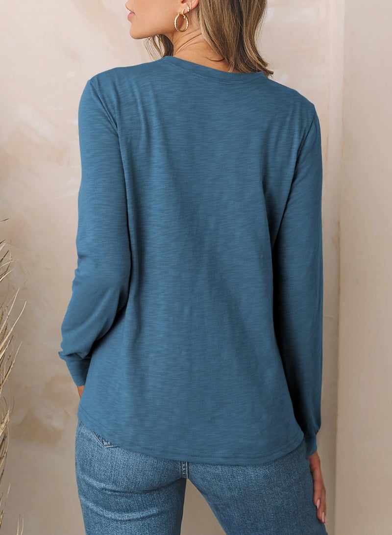 EVALESS Womens Fashion Summer Spring 2026 Tops Crewneck Long Sleeve Tops Shirts Loose Fit Basic Outfits T Shirts Solid Color Tee Blouses Blue Large - Image 4