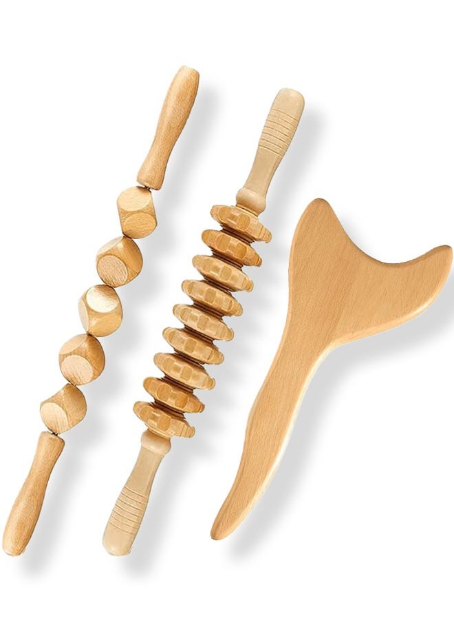 Arabest 3 Pieces Wood Therapy Kit Massage Tools Maderoterapia Kit Wood Massager Roller Wood Gua Sha Roller Manual Wooden Fascia Massage for Release Cellulite Muscle Blasting Pain Relief Body Sculpting Tools  - Image 1