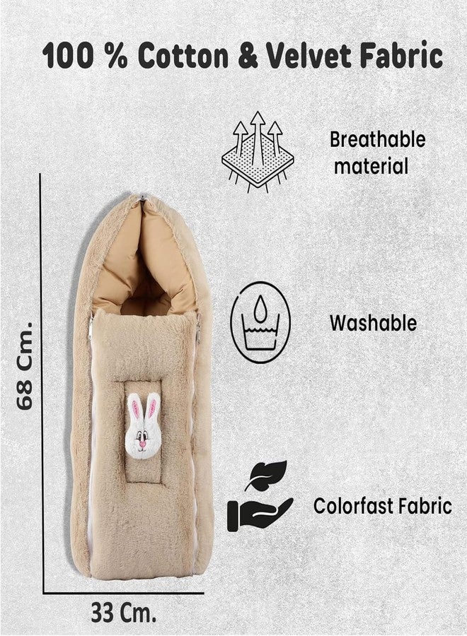 VOIDROP Baby Sleeping Bag Soft Plush Newborn Carry Nest with Hood and Zipper Warm Infant Wrapper for Winter, Travel, Stroller & Home Use Bunny Design, Comfortable for Boys & Girls - (Light Brown) - Image 5