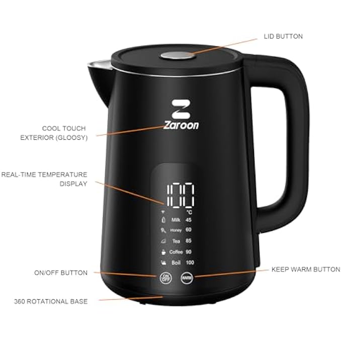 Zaroon Smart Digital Kettle 2000W HighSpeed Smart Electric Kettle17LDouble Wall Design Water Boiler 5 Temperature Control Led Touch Display Tuya App Remote Control Concealed Heating Plate - Image 3
