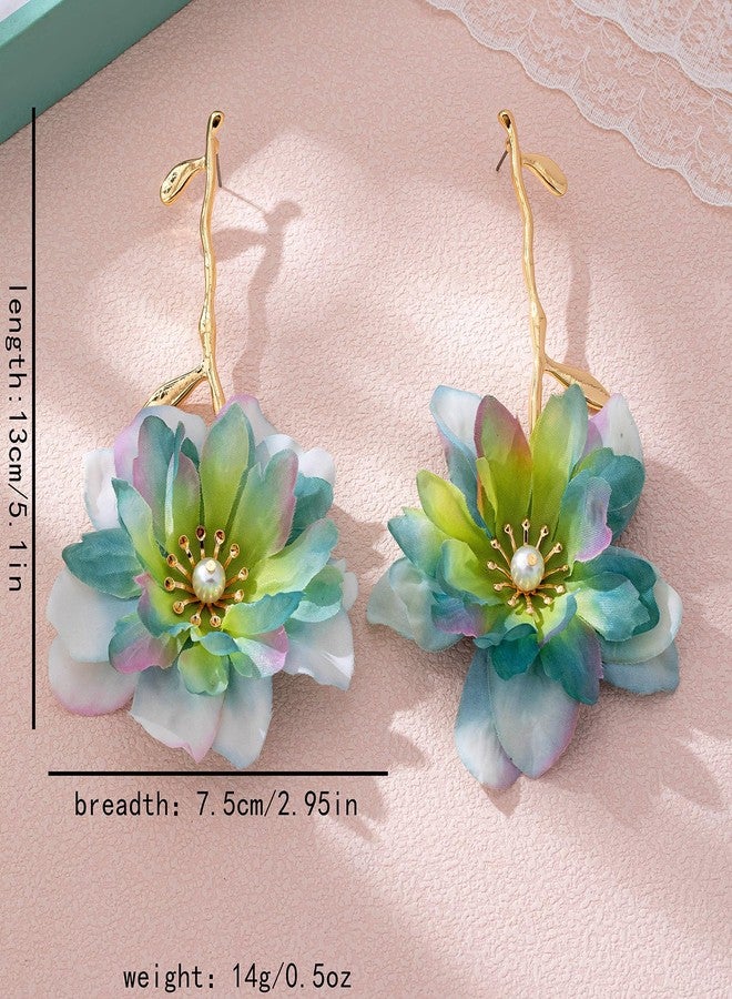 TACBSP Large Flower Dangle Earrings for Women Colorful Boho Floral Dangle Earrings Summer Beach Flower Drop Earrings Vintage Boho Jewelry Gifts (Green) - Image 3