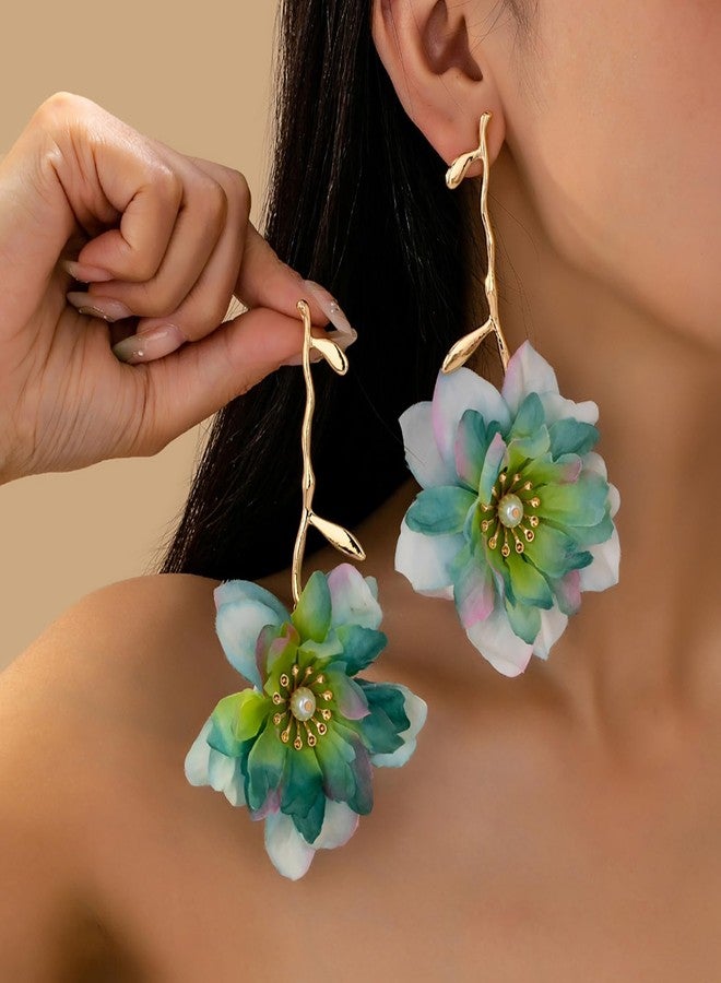 TACBSP Large Flower Dangle Earrings for Women Colorful Boho Floral Dangle Earrings Summer Beach Flower Drop Earrings Vintage Boho Jewelry Gifts (Green) - Image 2