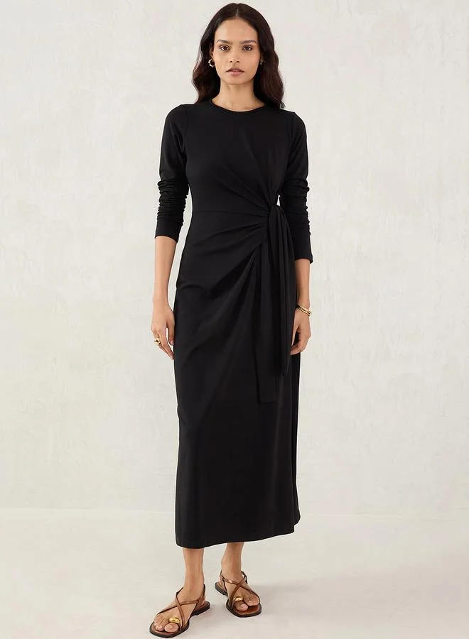 Femmella Femmella Black Solid Knit Sheath Maxi Dress with Knot Detail