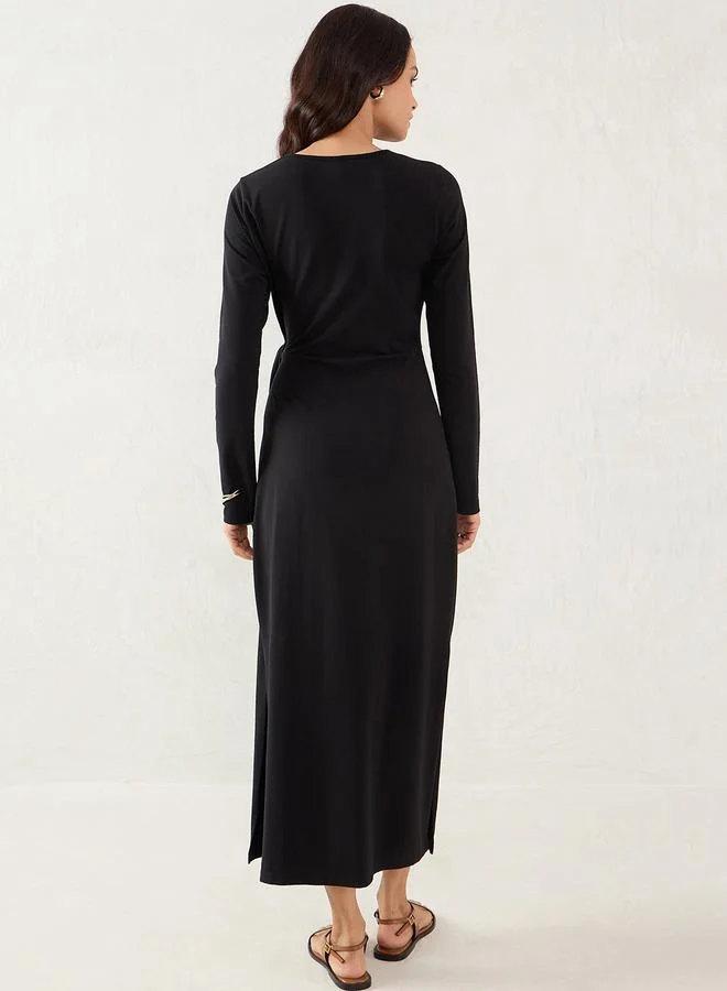 Femmella Femmella Black Solid Knit Sheath Maxi Dress with Knot Detail