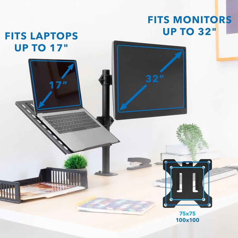 Mount-It! Laptop Desk Mount with Monitor Arm, Dual Laptop and Monitor Stand, Fully Adjustable, VESA Compatible, Ventilated Tray, Fits 13-32" Screens and Laptops up to 17", Clamp & Grommet Base - Image 2