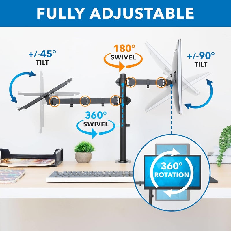 Mount-It! Laptop Desk Mount with Monitor Arm, Dual Laptop and Monitor Stand, Fully Adjustable, VESA Compatible, Ventilated Tray, Fits 13-32" Screens and Laptops up to 17", Clamp & Grommet Base - Image 3