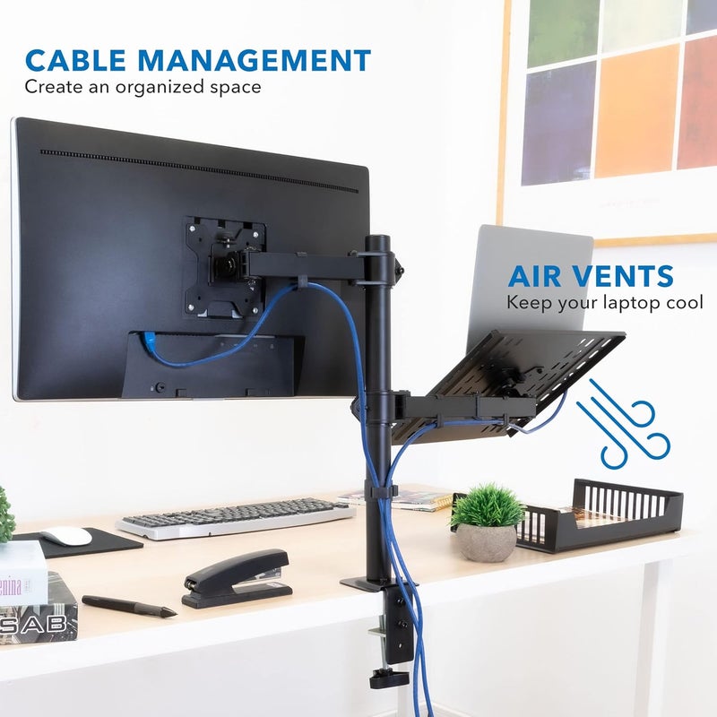 Mount-It! Laptop Desk Mount with Monitor Arm, Dual Laptop and Monitor Stand, Fully Adjustable, VESA Compatible, Ventilated Tray, Fits 13-32" Screens and Laptops up to 17", Clamp & Grommet Base - Image 5