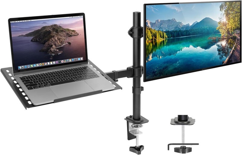Mount-It! Laptop Desk Mount with Monitor Arm, Dual Laptop and Monitor Stand, Fully Adjustable, VESA Compatible, Ventilated Tray, Fits 13-32" Screens and Laptops up to 17", Clamp & Grommet Base - Image 1