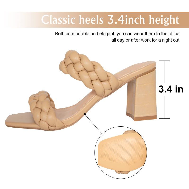 Athlefit Women's Braided Heels Square Toe Strappy Braided Sandals Slides Slip On Woven Block Tan Heels Size 8.5 - Image 3