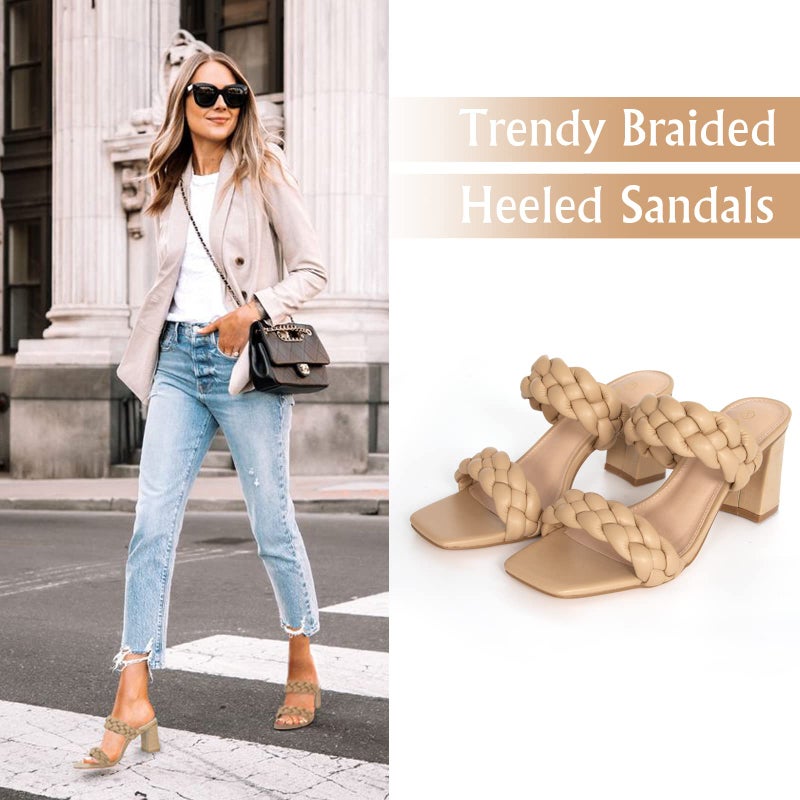 Athlefit Women's Braided Heels Square Toe Strappy Braided Sandals Slides Slip On Woven Block Tan Heels Size 8.5 - Image 2