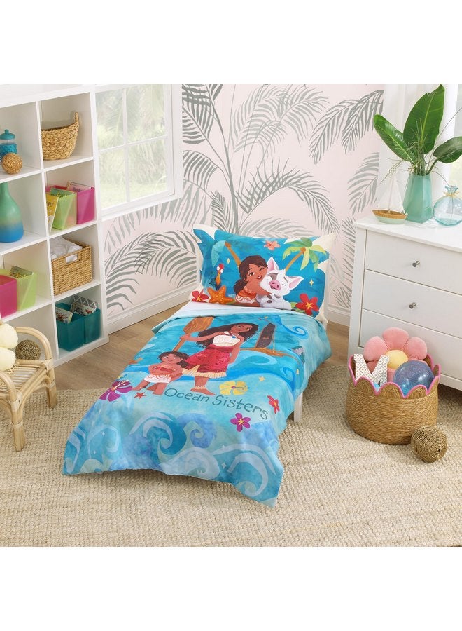 NoJo NoJo Disney Moana 2 Ocean Sisters 4 Piece Toddler Bed Set - Comforter, Fitted Bottom Sheet, Flat Top Sheet, Reversible Pillowcase, Aqua, and Orange - Image 1
