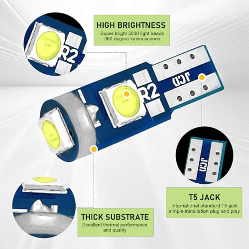 winterrock 20PCS 74 LED Bulb Dash Lights Super Bright, T5 37 74 Wedge LED Bulb with PC74 PC37 Twist Lock Socket, Auto Instrument Cluster Bulbs, Replacement Instrument Panel Gauge Light Kits (White) - Image 3