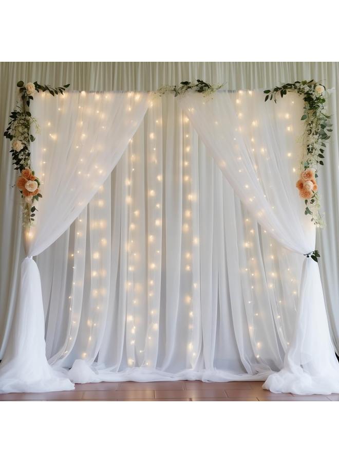 White Tulle Backdrop Curtain with Lights String for Parites, Sheer Backdrop Curtains for Wedding Baby Shower Birthday Party Photo Shoot Decorations(2pcs) - Image 4